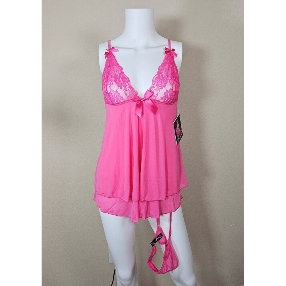 Dreamgirl Fuchsia Pink Lace Mesh Babydoll Lingerie Thong Set Size XL NWT